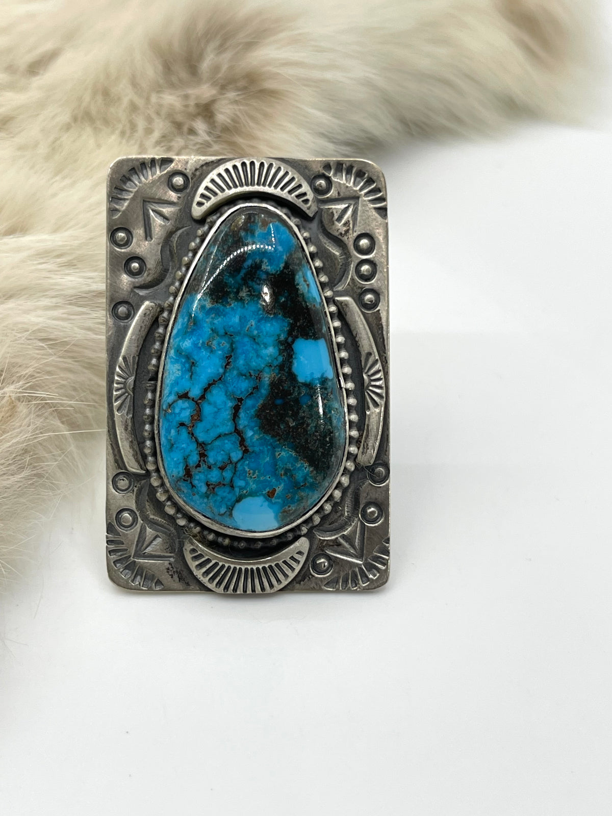 Adjustable Kingman Turquoise Ring with Stamped Silver