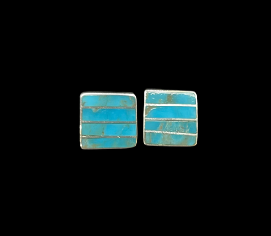 Square Post Turquoise Inlay Earrings by Viann Haloo, Zuni