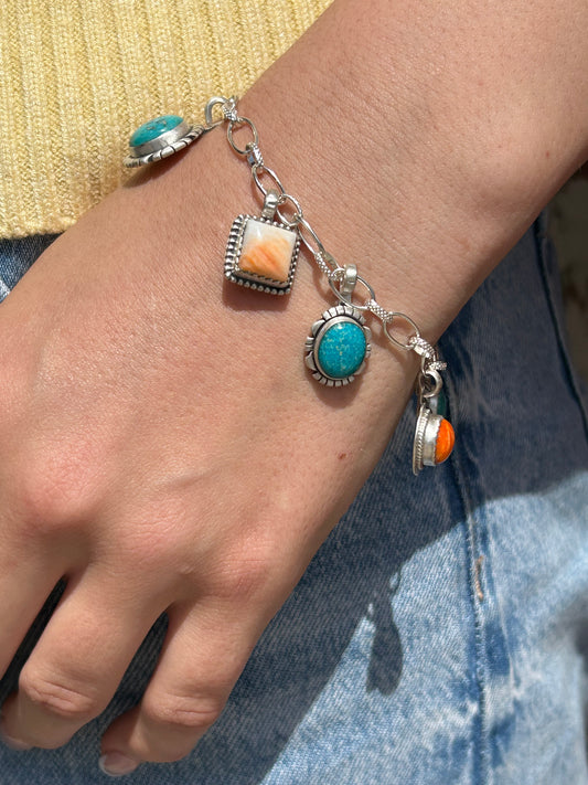 7" Turquoise & Spiny Oyster Charm Bracelet