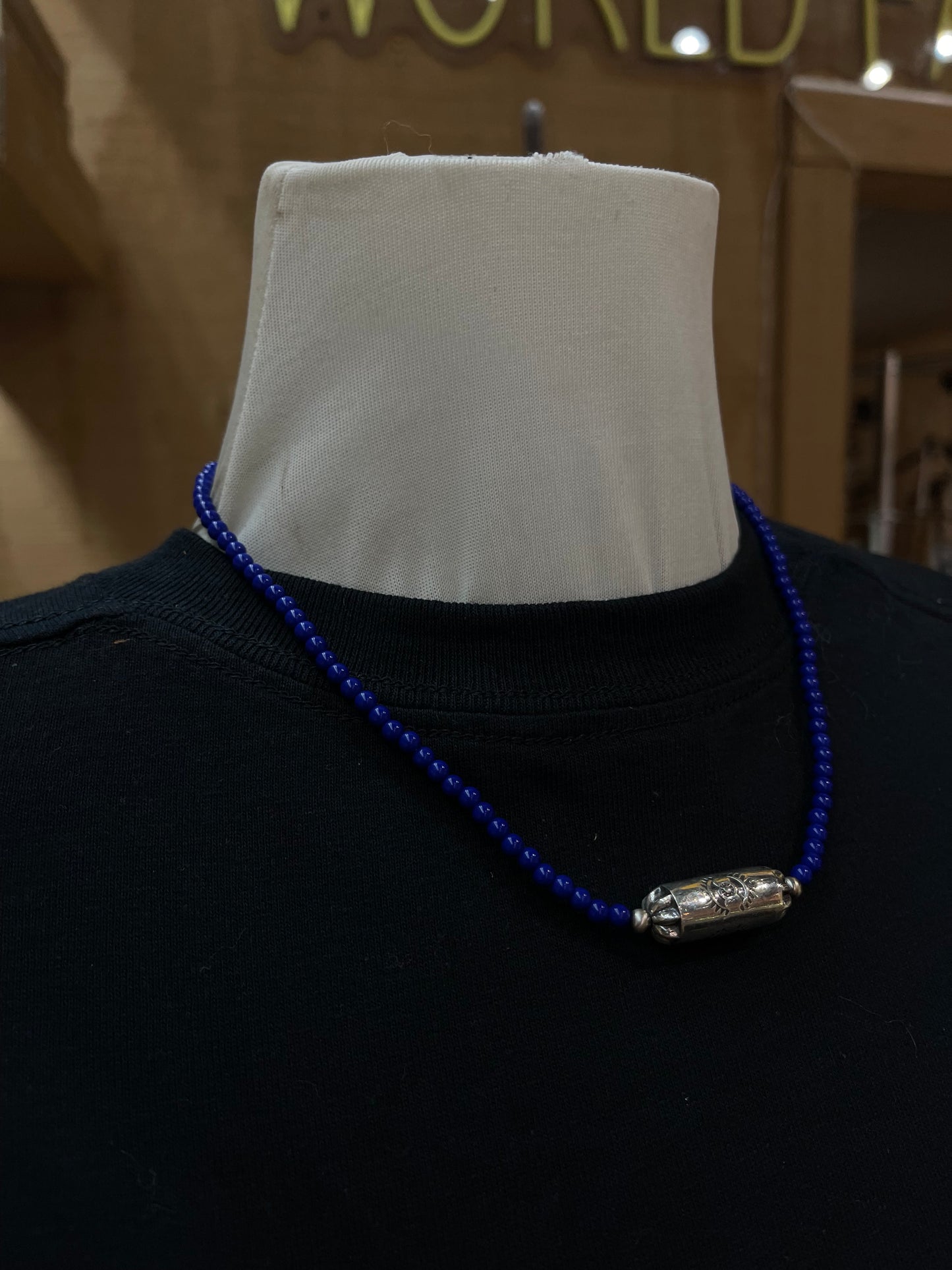 18" 4mm Lapis with Silver Stamped Barrel Necklace
