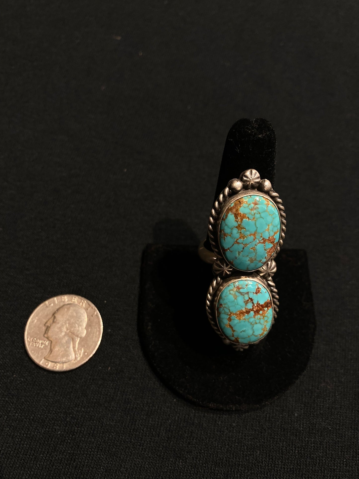 Adjustable 8.0-11.0 2 Stone Turquoise Ring by Alfred Martinez, Navajo