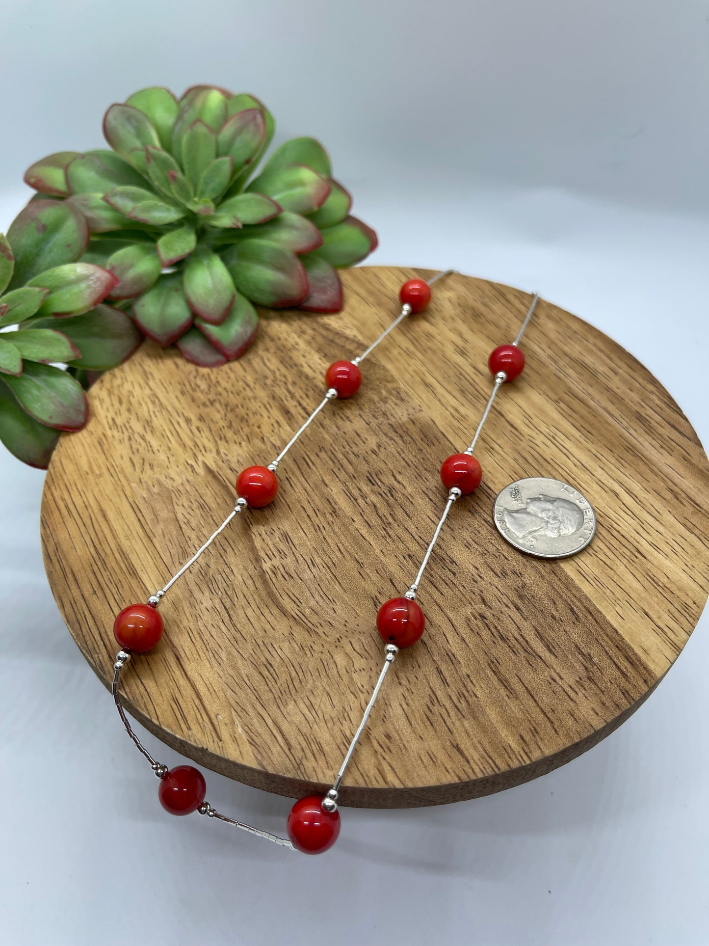 18" 10mm Apple Coral Beaded Necklace on Liquid Silver, Navajo