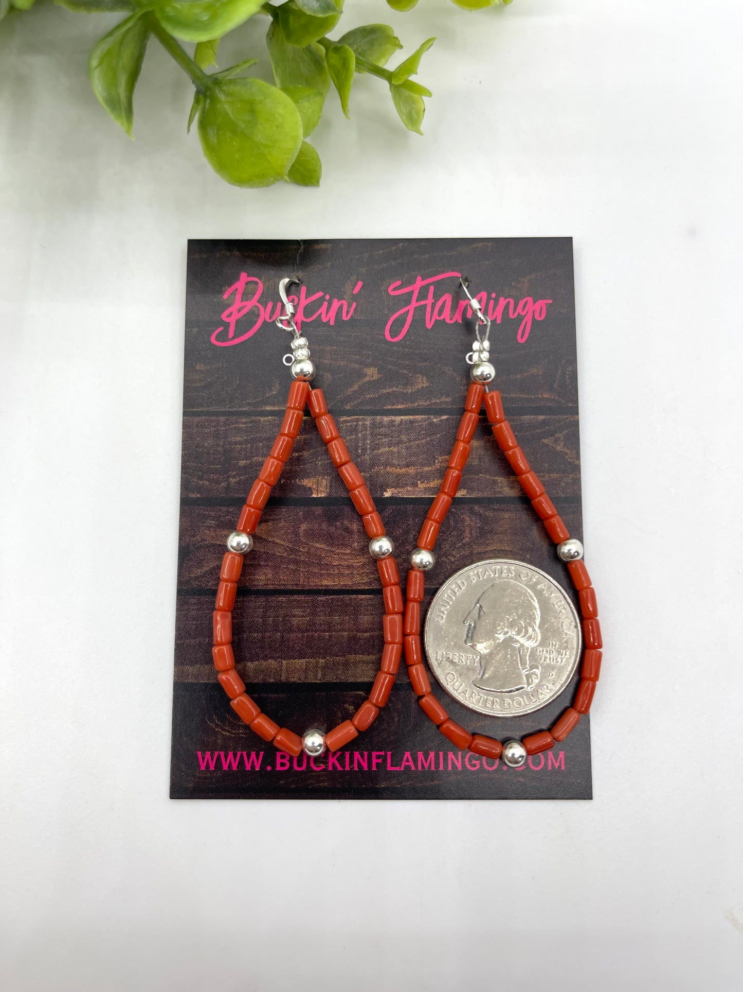 Red Coral Teardrop with Silver Beads Earrings