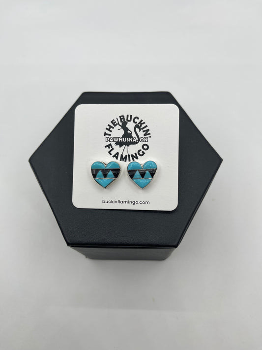 LOT 51 C 1/25 Turquoise & Black Onyx Inlay Heart Earrings