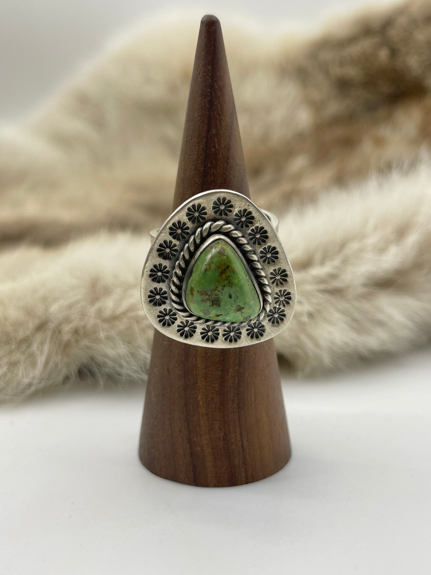 Adjustable 8.0-10.0 Green Turquoise Ring with Stamped Border Heavy Silver