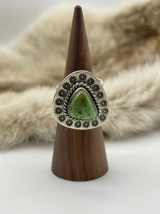Adjustable 8.0-10.0 Green Turquoise Ring with Stamped Border Heavy Silver