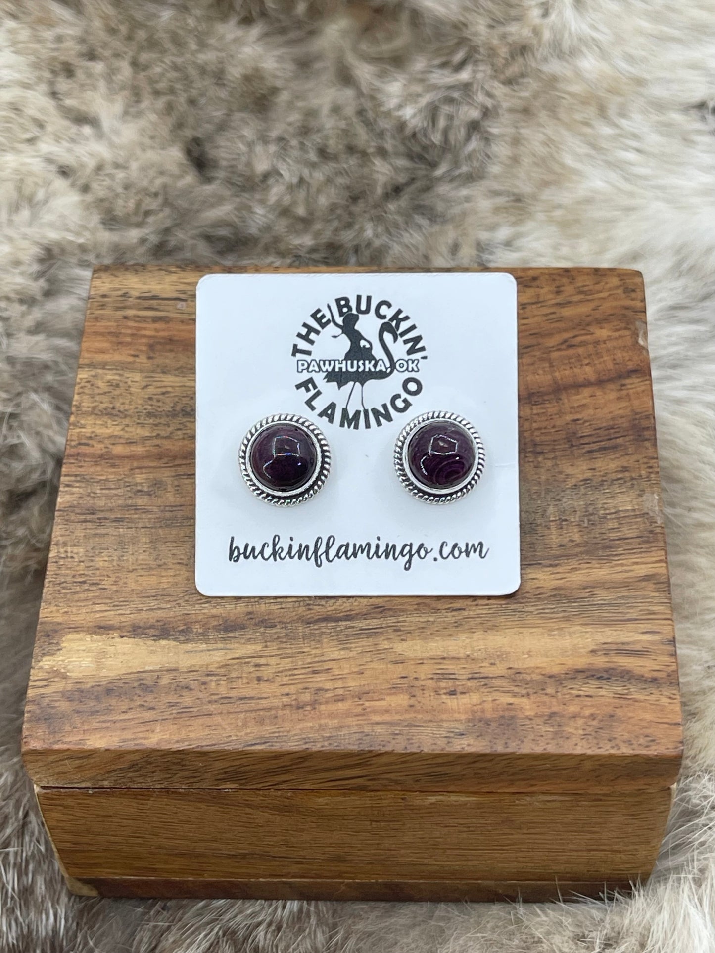 Purple Spiny Oyster Round Post Earrings with Silver Rope Border