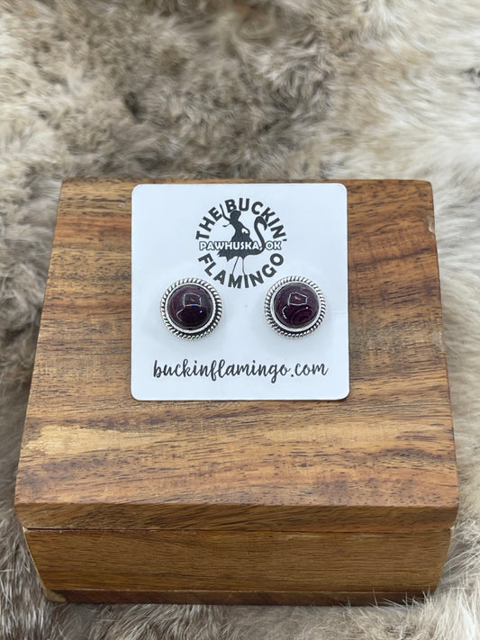 Purple Spiny Oyster Round Post Earrings with Silver Rope Border