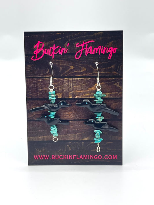 Carved Black Bird Fetish & Turquoise Earrings by Marvelita Phillips, Zuni