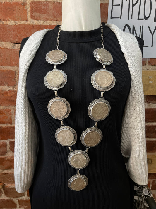 36"+4.5" Antique 1921 Morgan Silver Dollars Lariat Coin Necklace