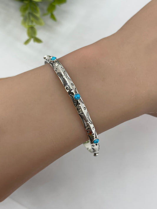 8" Stamped Triangle Wire Bandle with Turquoise by Phyllis A. Smith, Navajo