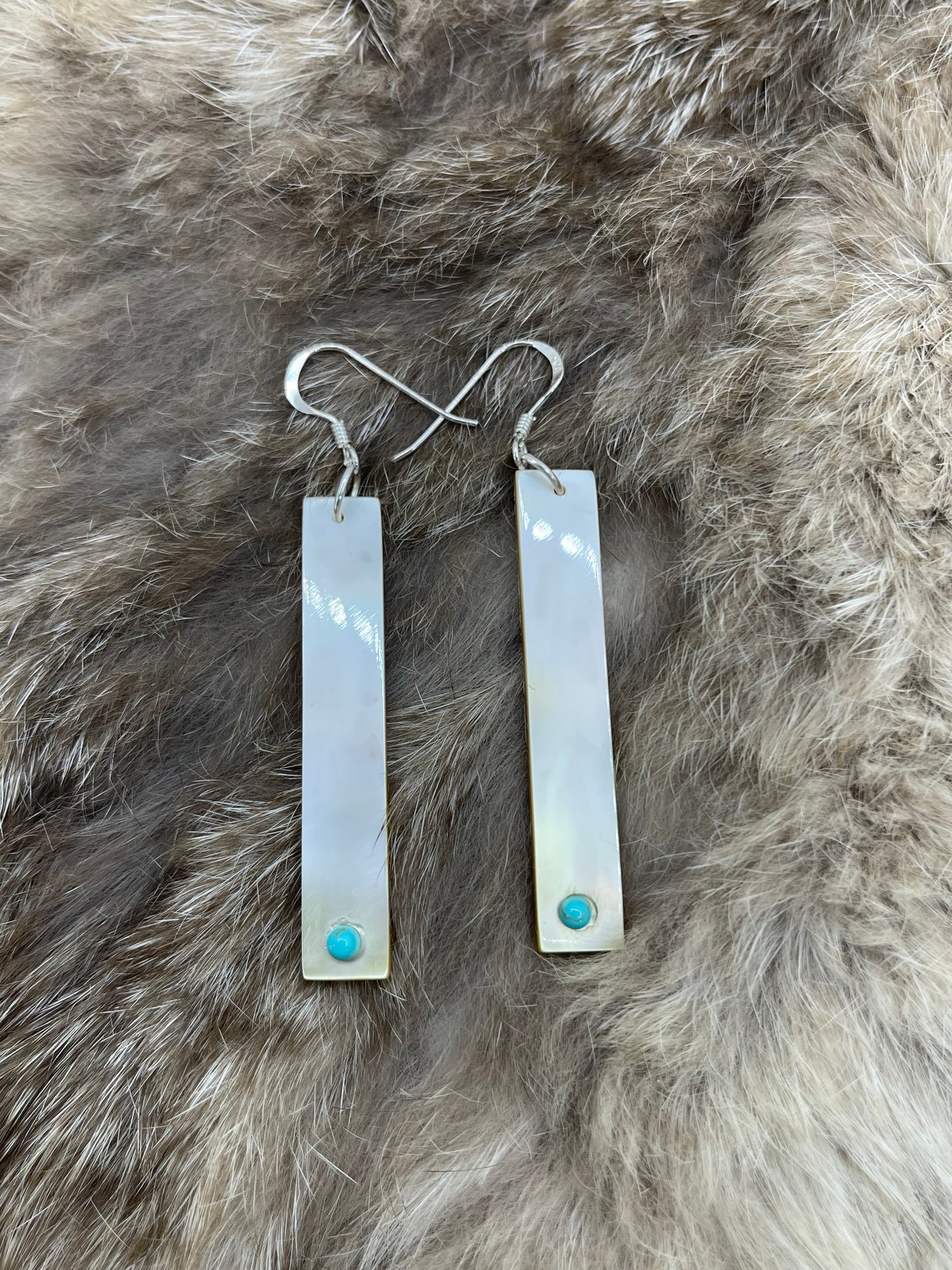 Mother of Pearl Long Dangle Rectangle w/ Turquoise by Jesus Espino, Zuni