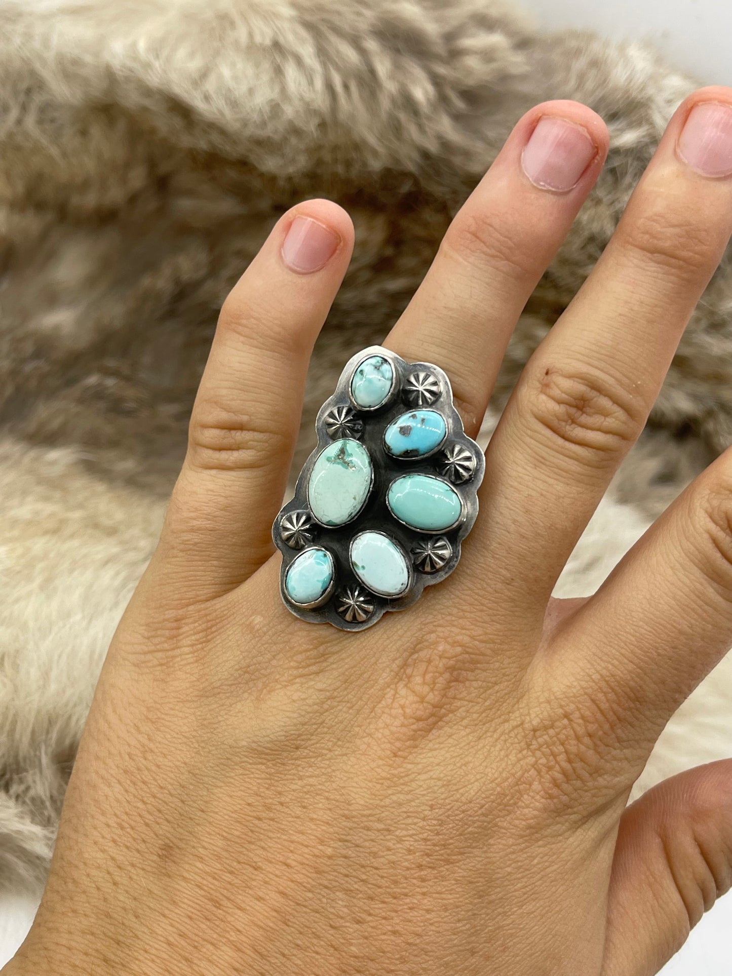 Adjustable Ring 7.0-11.0 Dry Creek Turquoise Half Cluster by Gabby Jurado, Mexican