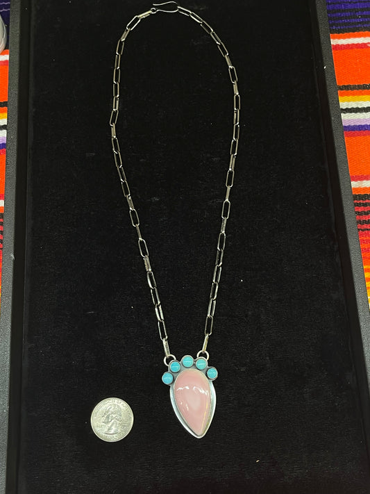 Turquoise and Pink Conch PaperClip Necklace