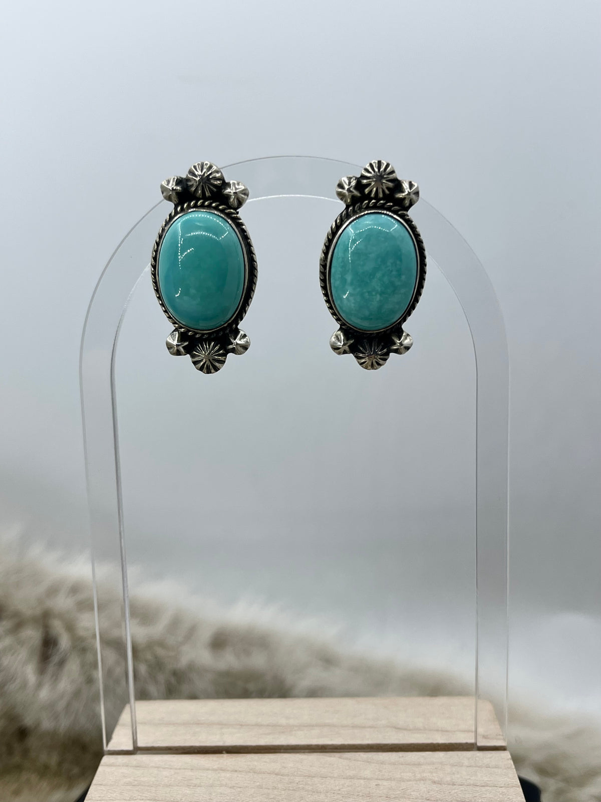 Turquoise Oval Earrings with Silver Embellishments
