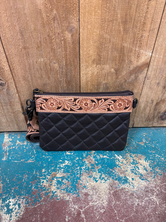 Black Quilted And Tooled Leather Wallet/Crossbody Purse
