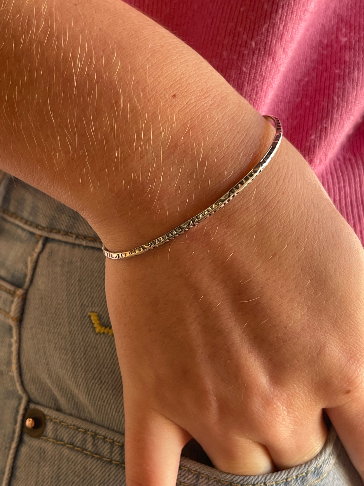 5 3/4"- 6 3/4" Triangle Wire Sterling Silver Stamped Stacker Cuff by Elaine Tahe, Navajo