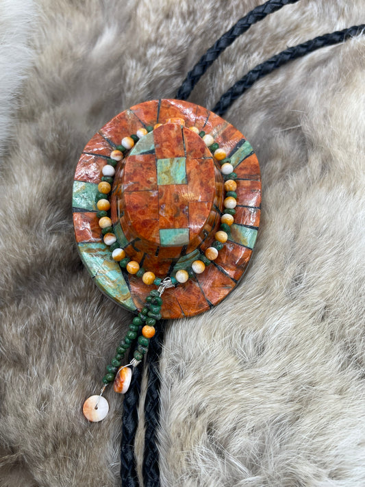 Orange Coral With Turquoise Cowboy Hat Bolo Tie by Jolene Bird, Santo Domingo