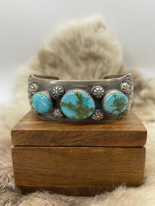 6.75" 3 Stone Sonoran Gold Turquoise Bracelet by Delbert Secatero, Navajo