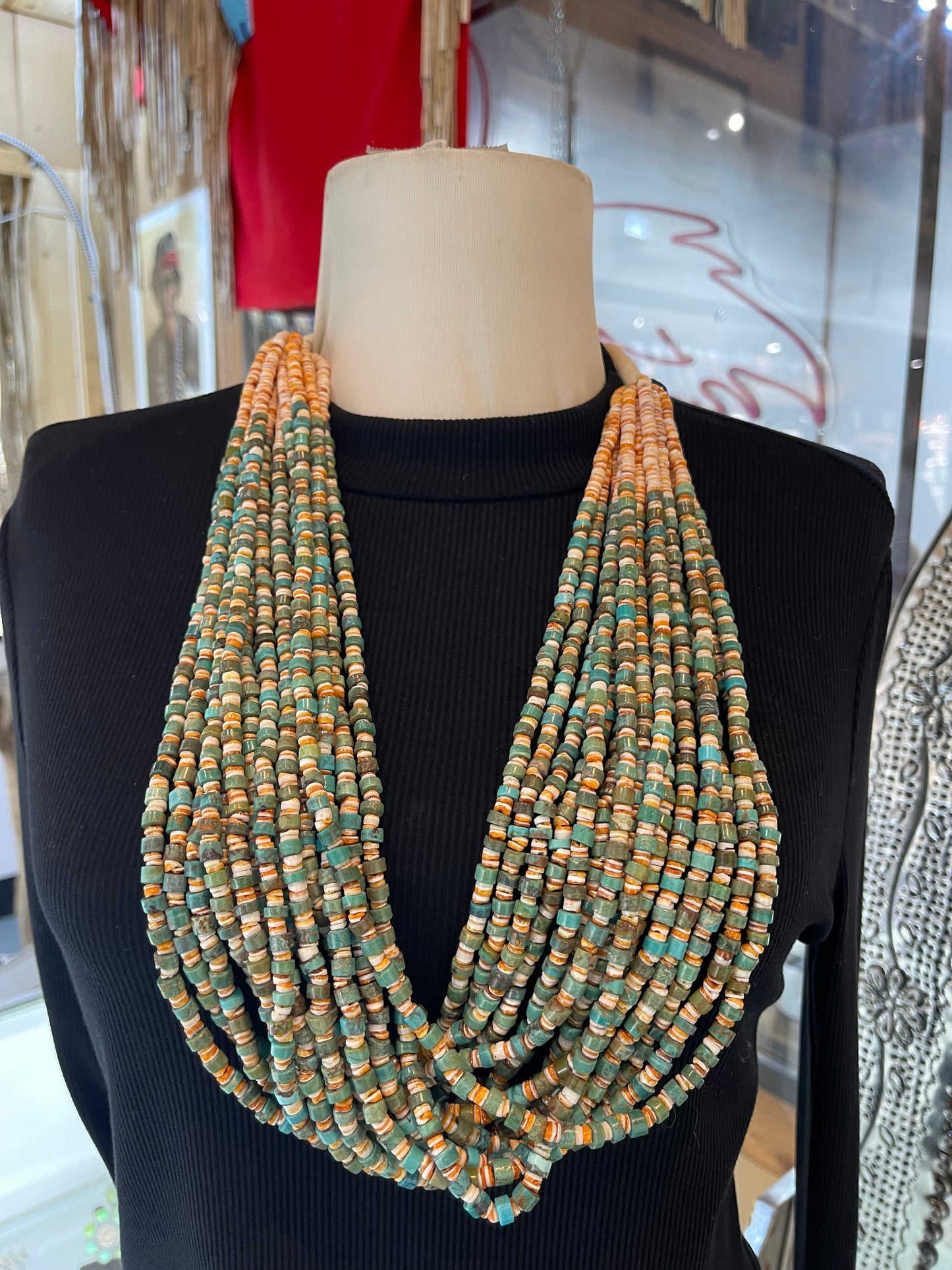 30" 15 Strand Turquoise Heishi & Orange Spiny Oyster Necklace by Jolene Bird, Santa Domingo