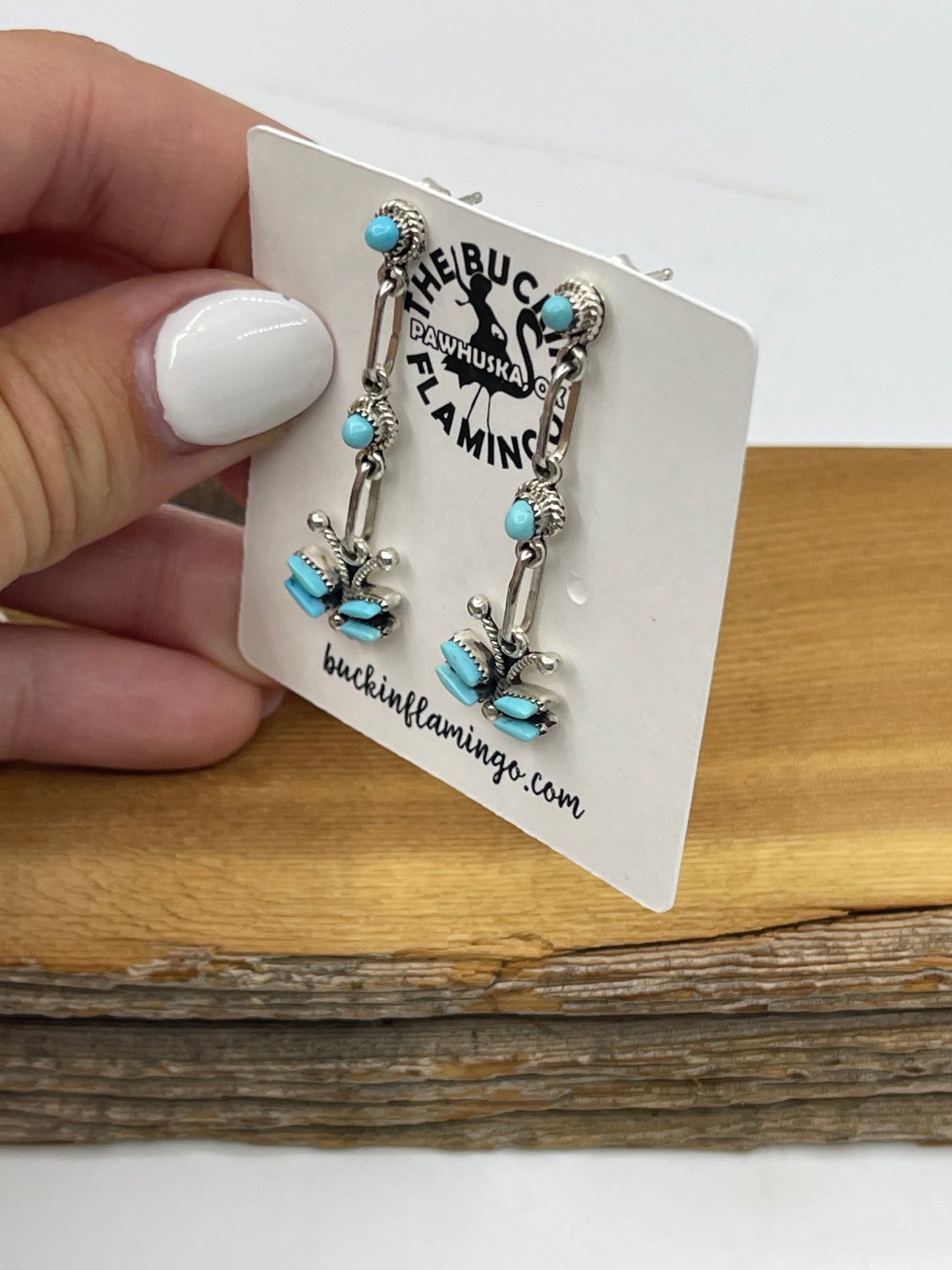 Turquoise Needlepoint Double Dangle Post Earrings by Mildred Ukestine, Zuni
