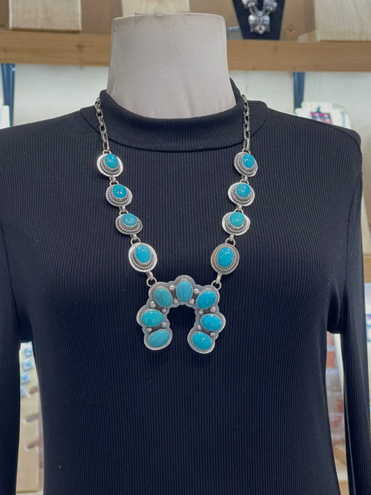 25" (Squash Blossom Style) Kingman Turquoise Naja Necklace by Delbert Secatero, Navajo