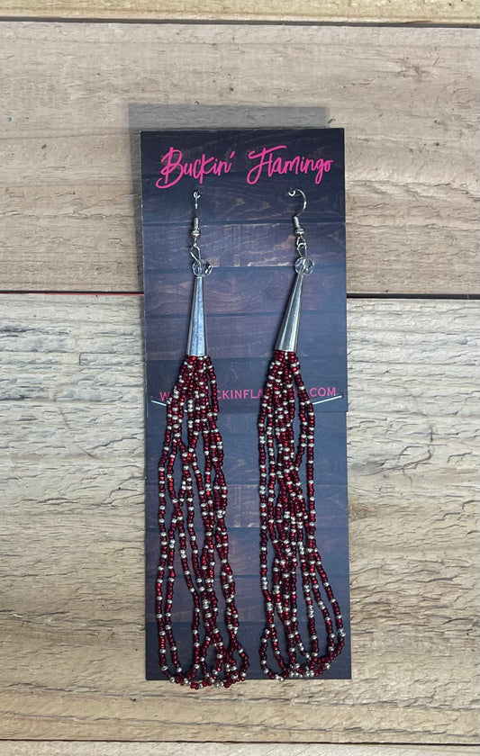 6" Red and Silver Seed Bead Hook Dangles by Ren McCulley; Creek, Seminole