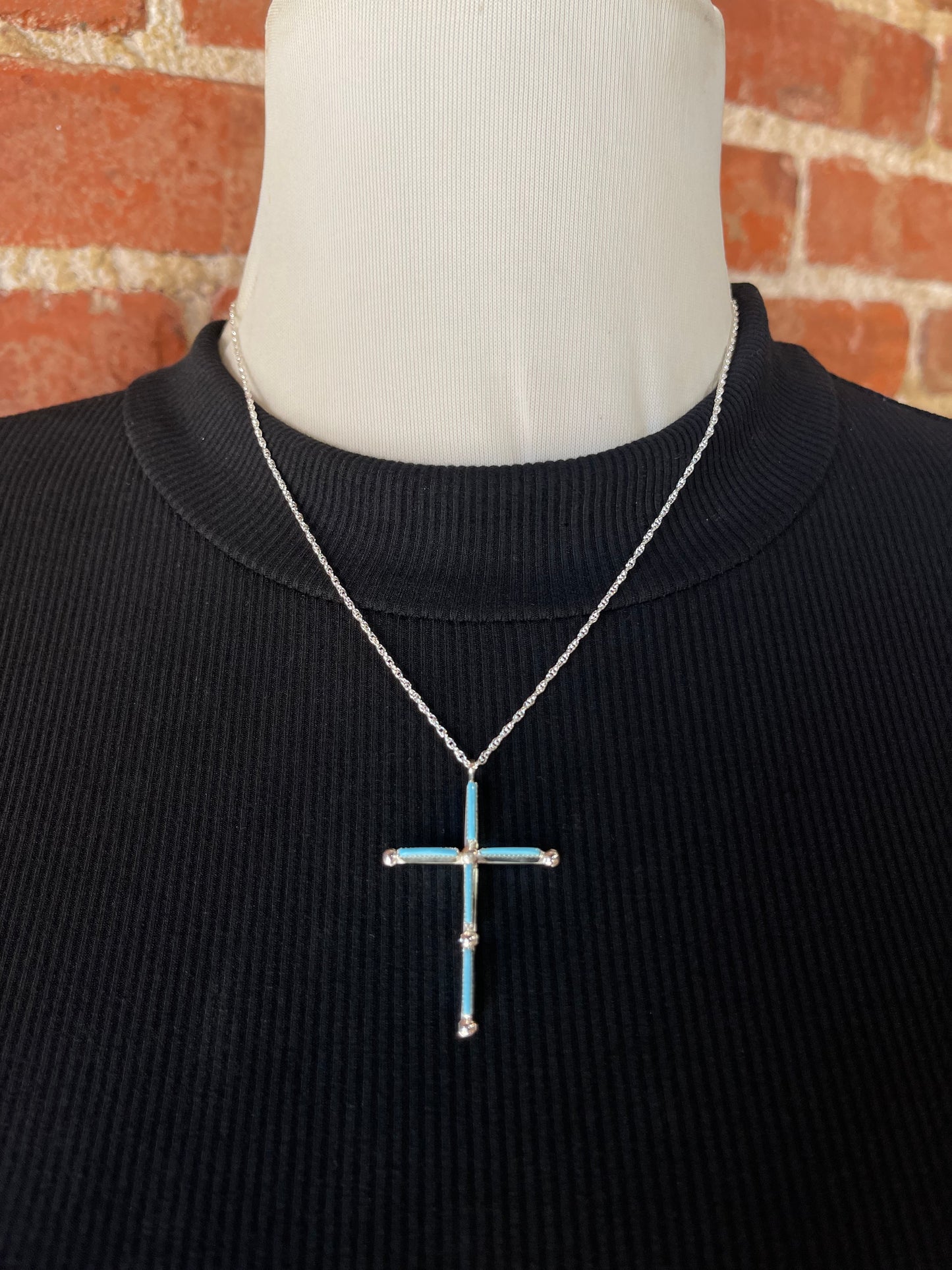 18" Zuni Needlepoint Turquoise Cross Necklace by Ashley Laate, Zuni