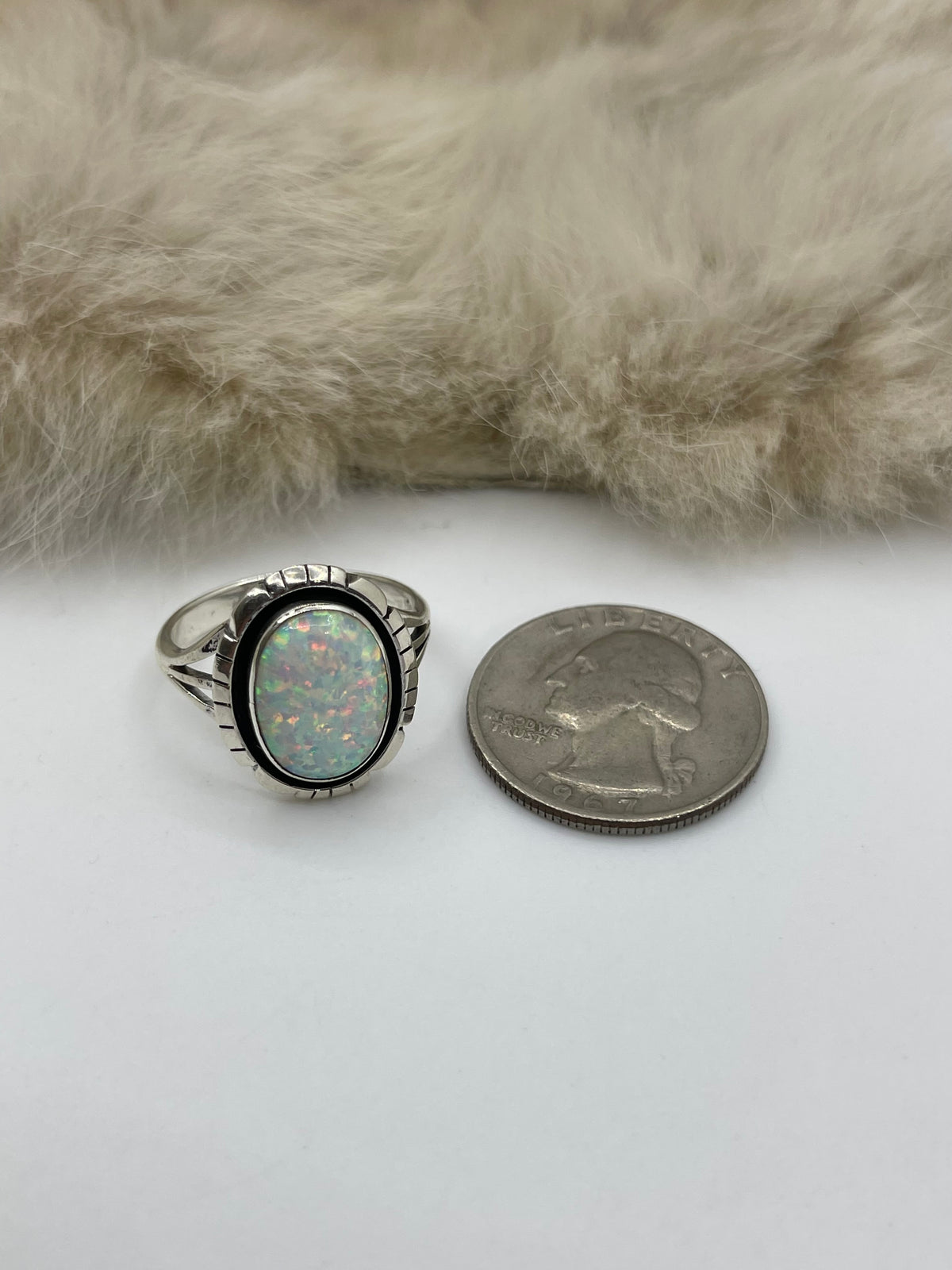 8.0 White Opal Ring by Amos Begay, Navajo