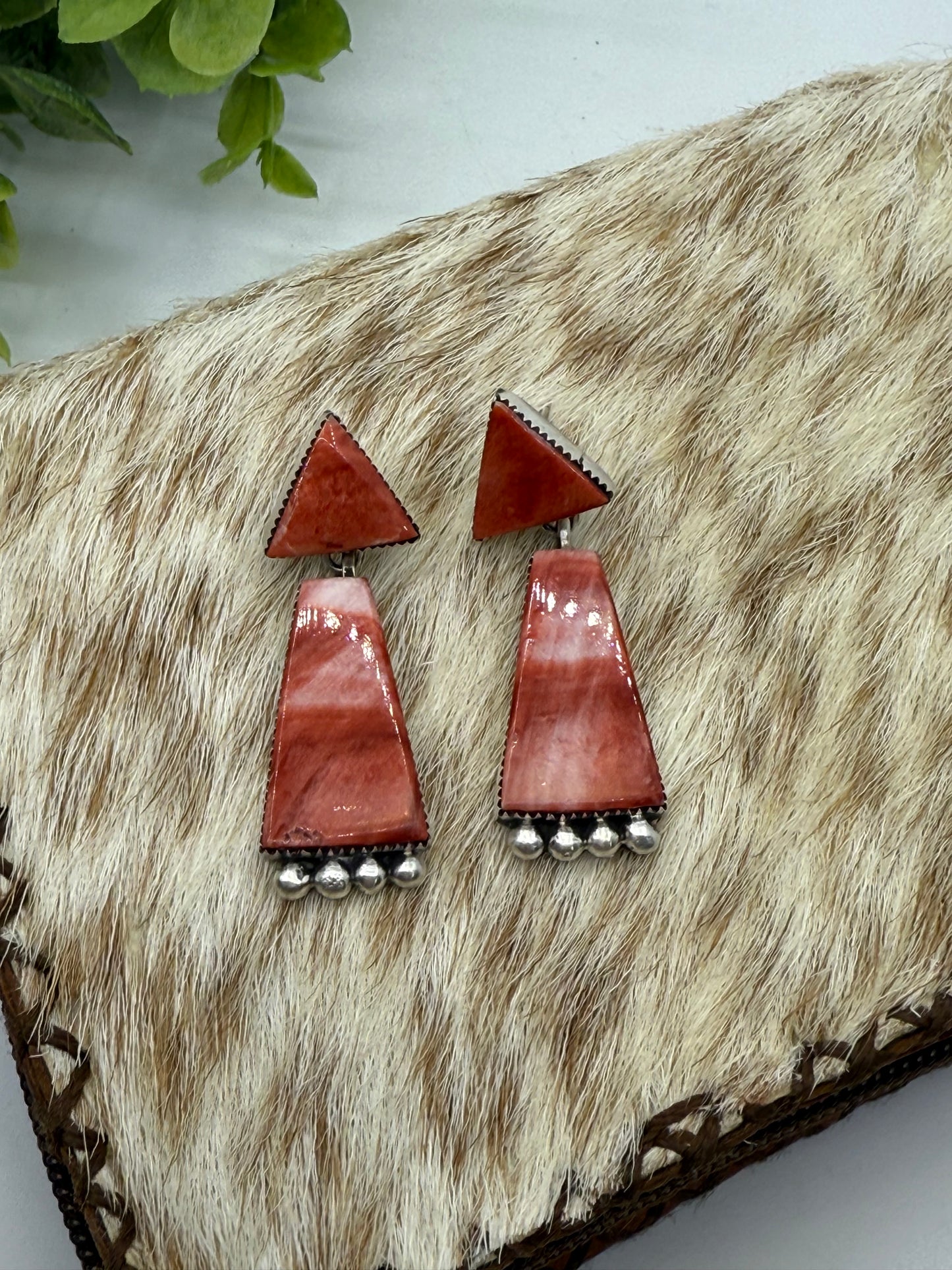Red Spiny Oyster 2 Stone Dangle Earrings by Selina Warner, Navajo