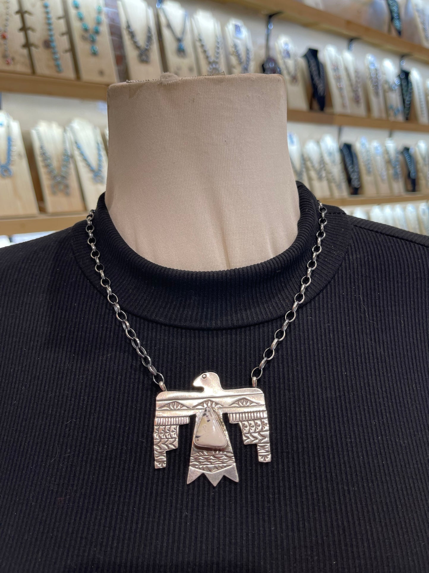 19" White Buffalo Thunderbird Necklace by Rick Enriquez, Navajo