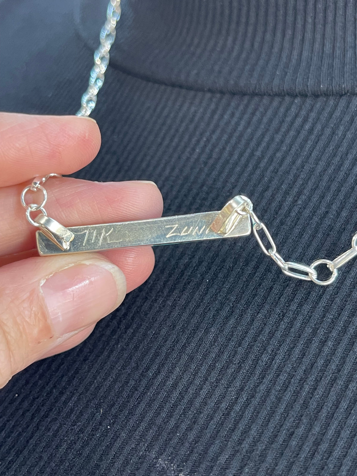 22" Turquoise Inlay Bar Necklace by MaDerral Kallestewa, Zuni