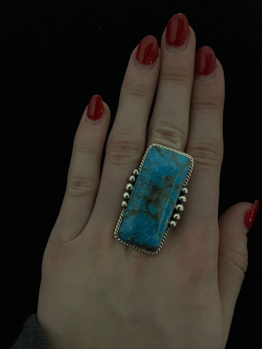 6.0 Kingman Turquoise Rectangle Ring by Loretta Delgarito, Navajo