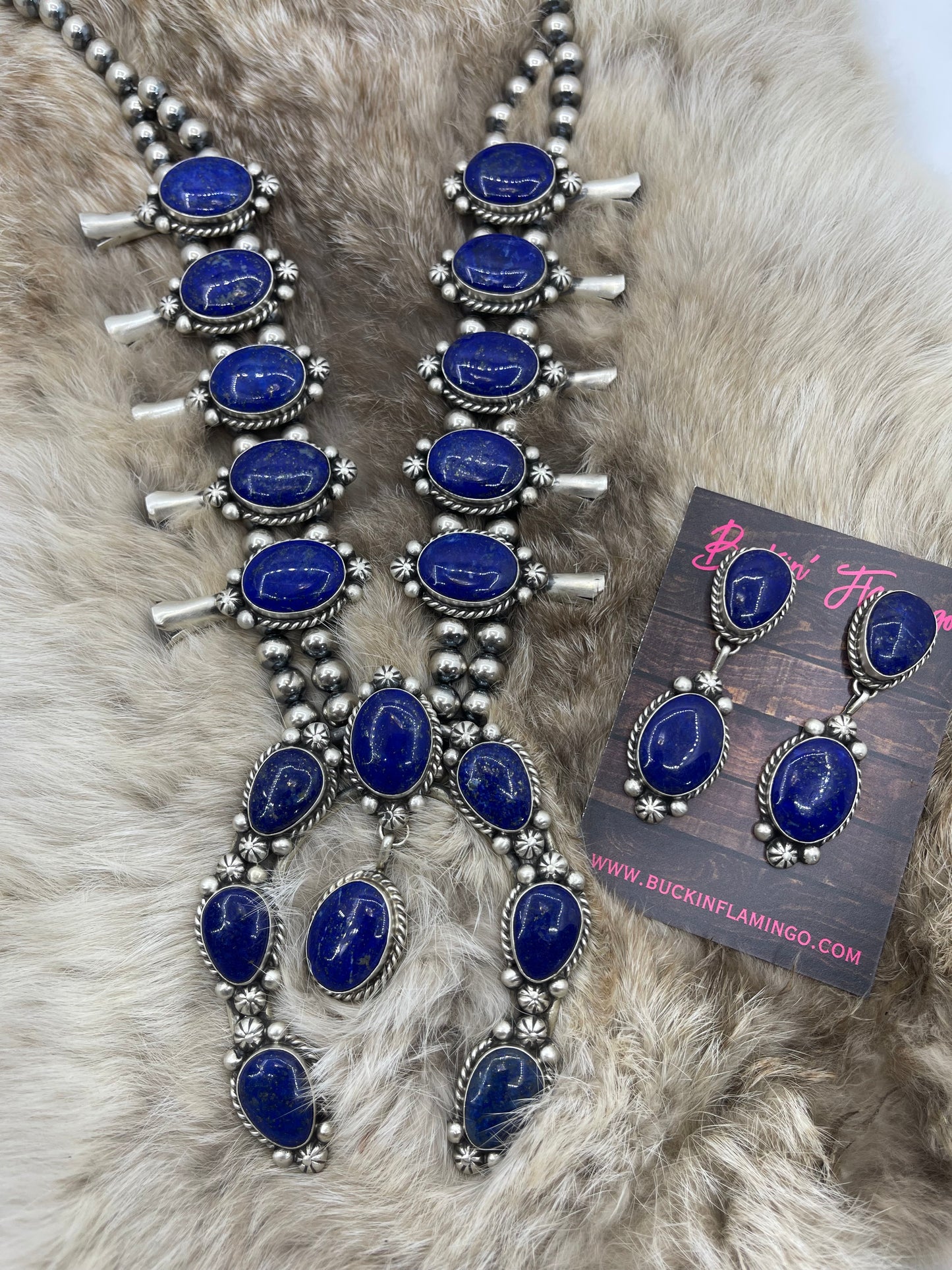26" Blue Lapis Lazuli Squash Blossom & Earring Set by Augustine Largo, Navajo