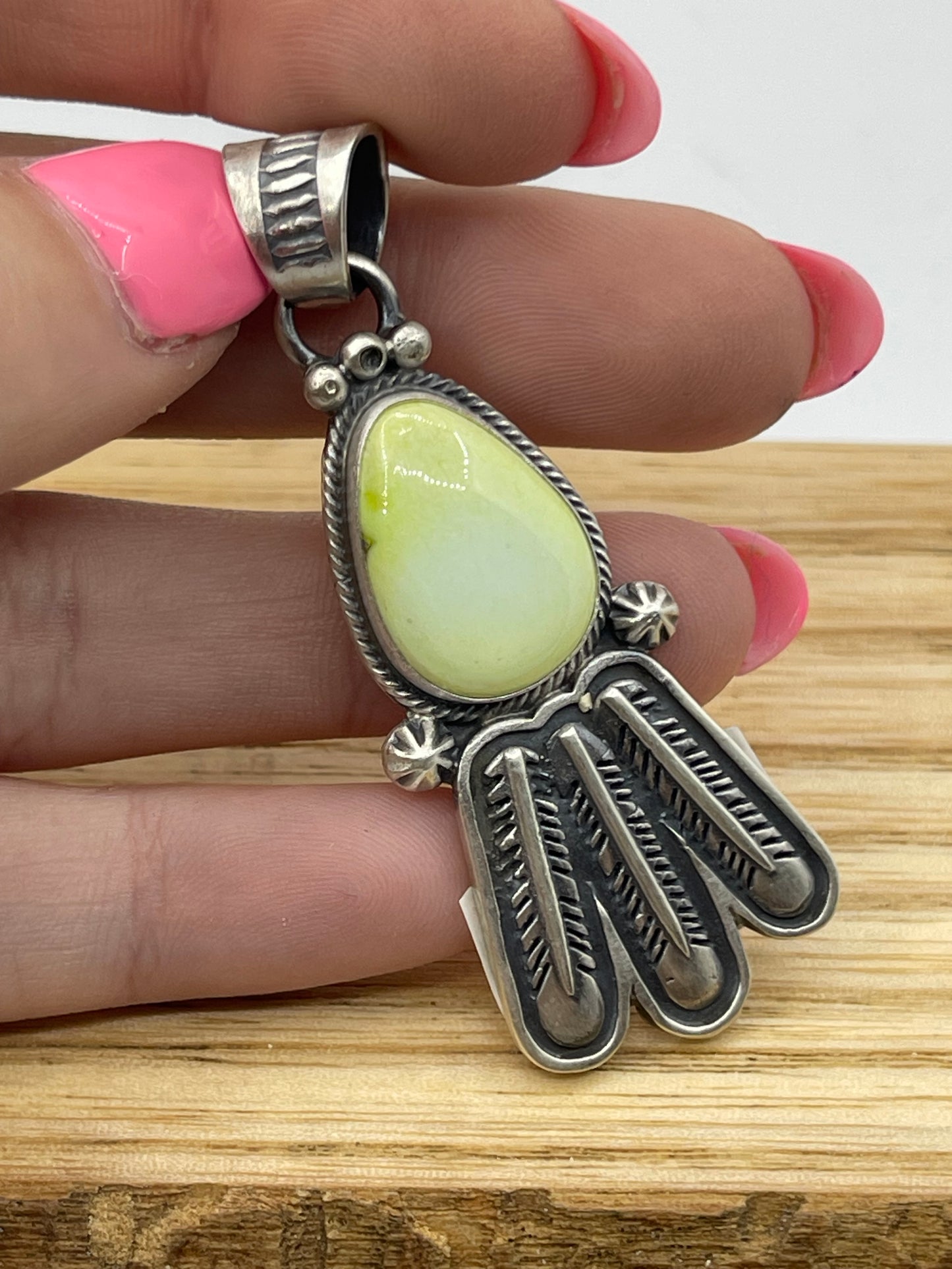 LOT 84 C 11/2 Palomino Turquoise Pendant with Feathers by Marita Benally, Navajo