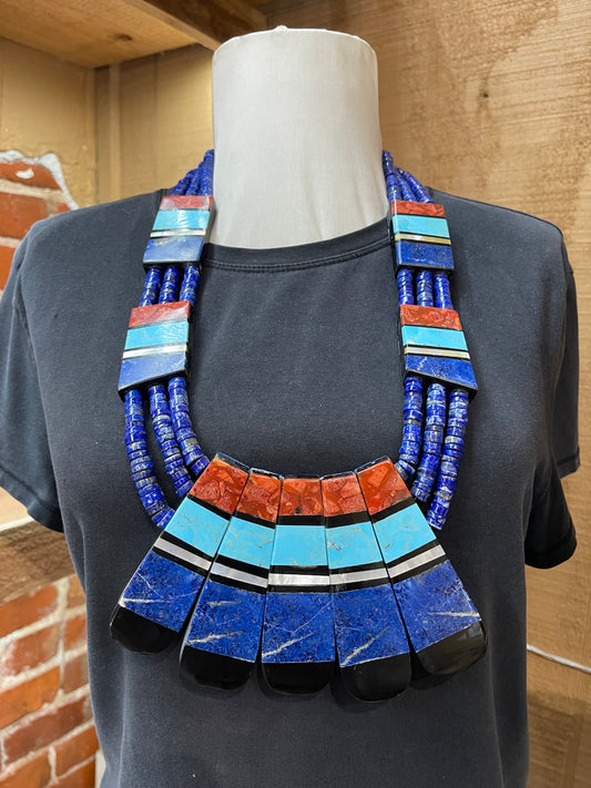 2-Sided 3 Strand Multi-Stone Inlay Necklace, Santo Domingo Made