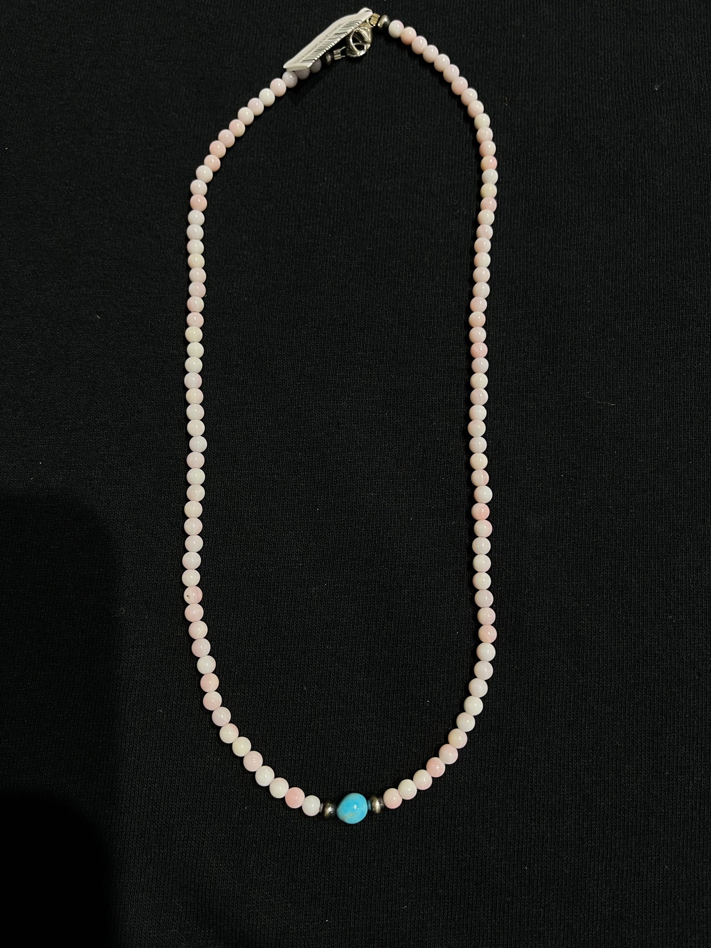 18" Pink Conch Shell and Turquoise Necklace with 3mm Navajo Pearls