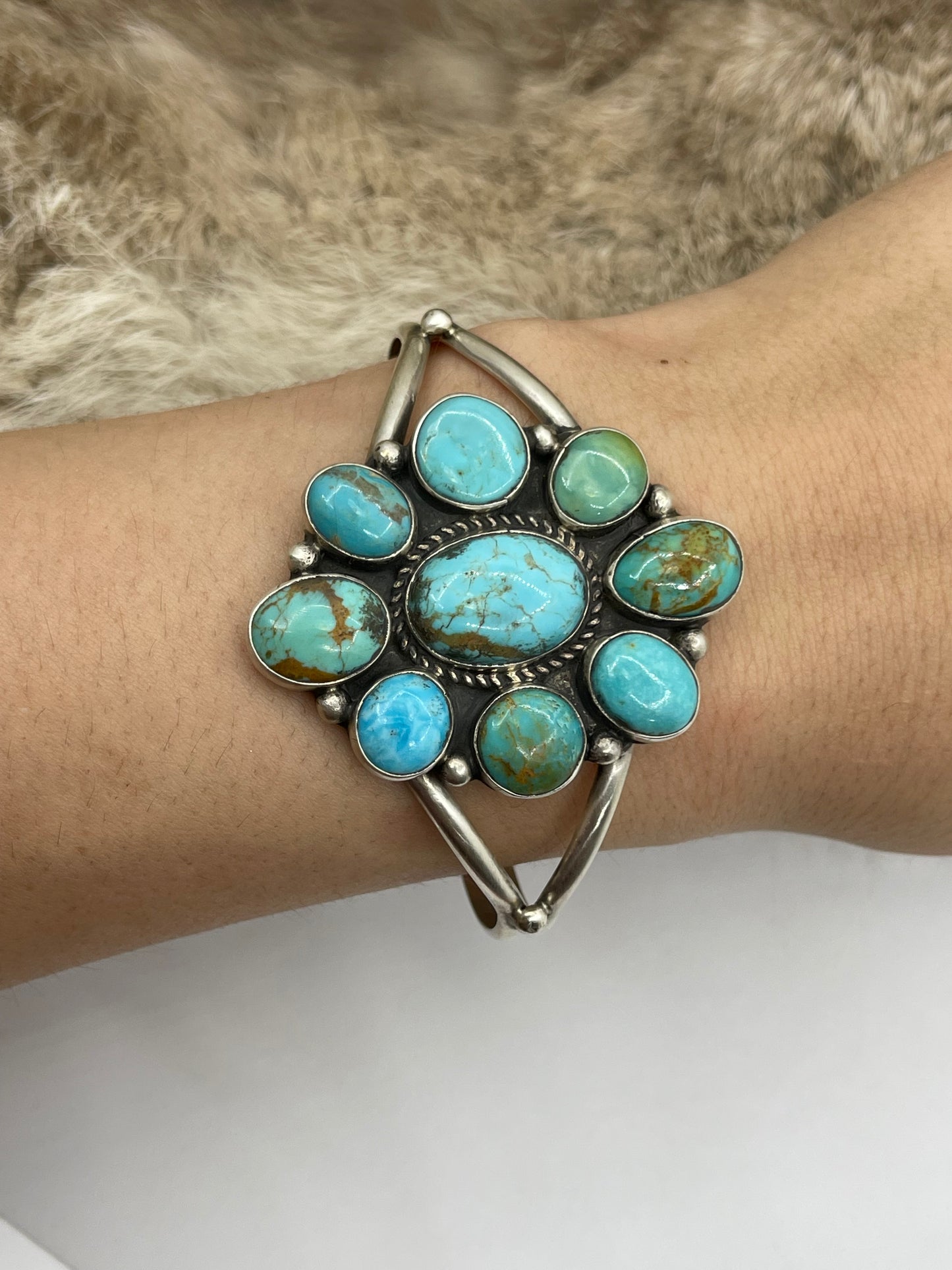 5.5"-7" Kingman Turquoise Cluster Cuff by Geraldine James, Navajo