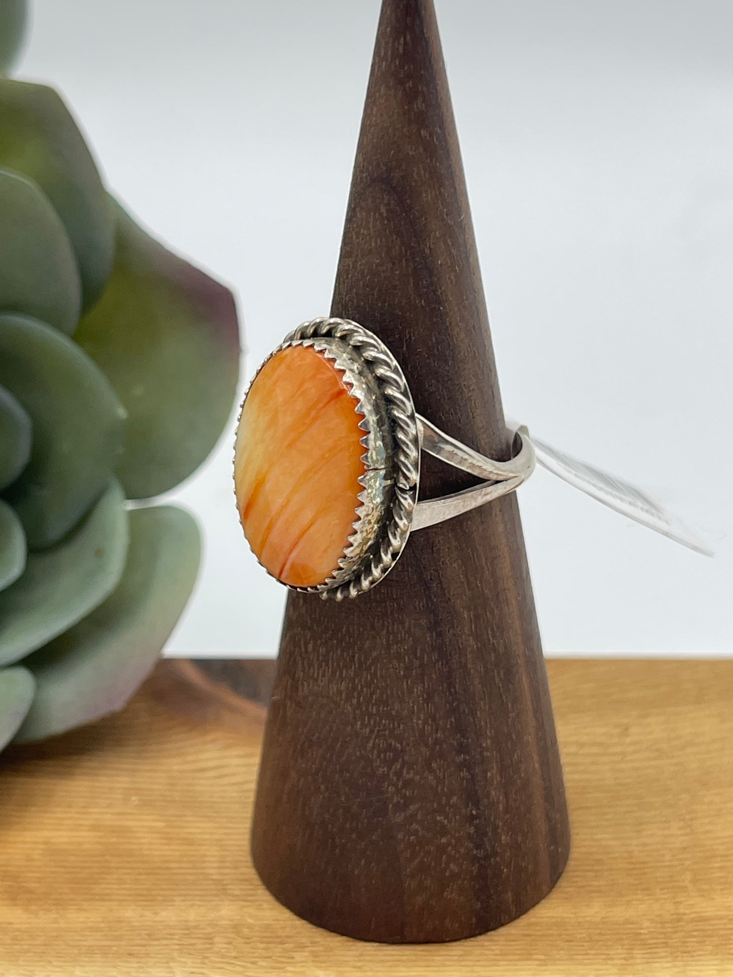 5.5 Orange Spiny Oyster Shell Oval Ring by Johnny Dixon, Navajo