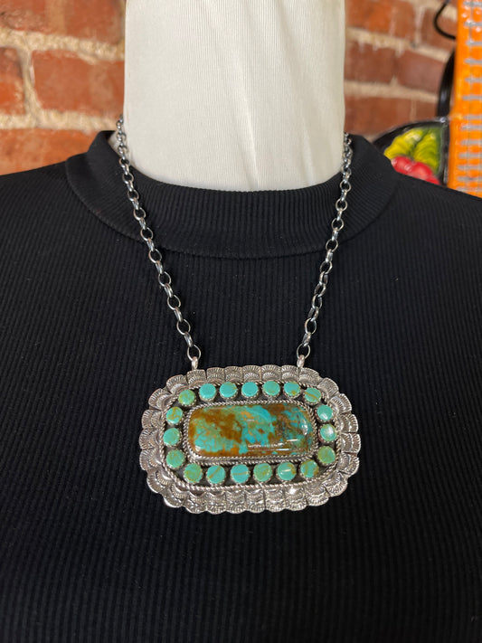 18" Kingman Turquoise Cluster Bar Necklace by Larry Etsitty, Navajo