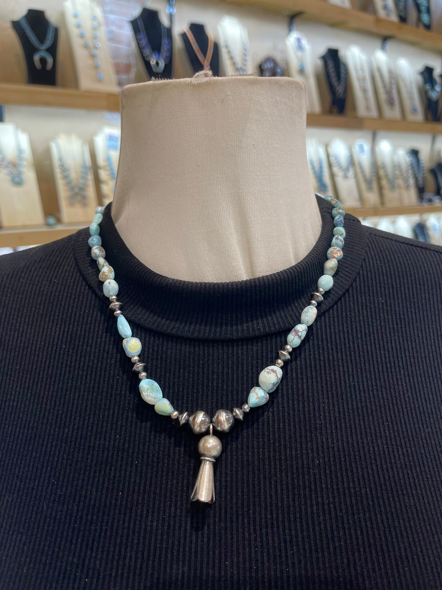 19" Golden Hills Turquoise with Navajo Pearl and Blossom Necklace