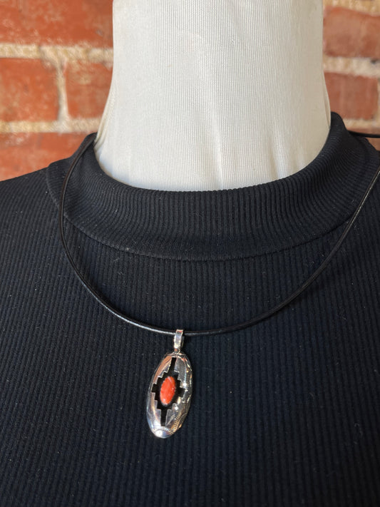Shadow Box Pendant with Reddish Orange Spiny on a 20" Leather Necklace by Felix Perry