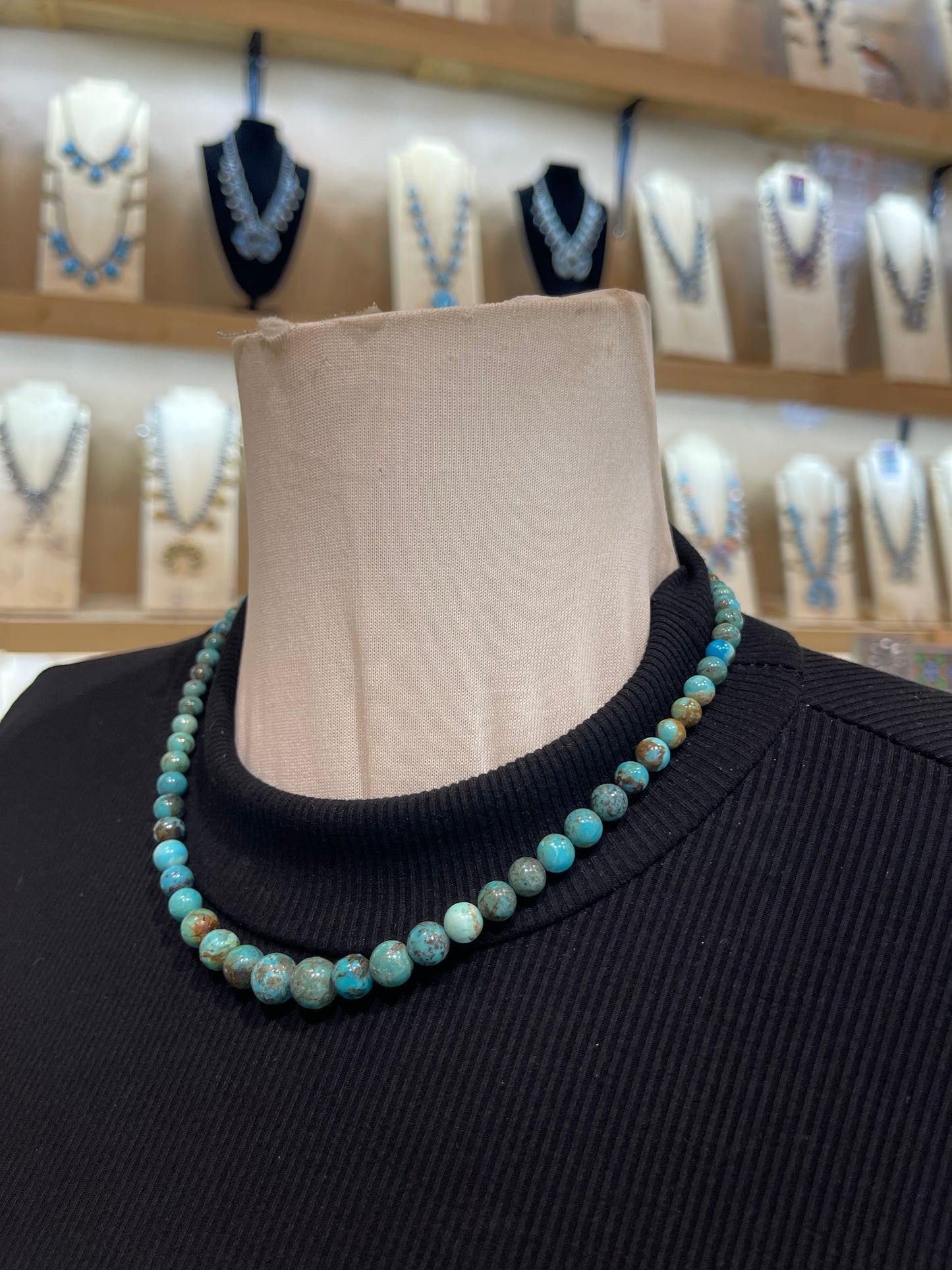 18” 4mm-9mm Graduated Round Bead Kingman Turquoise Necklace by Tammy Nolcott, Navajo