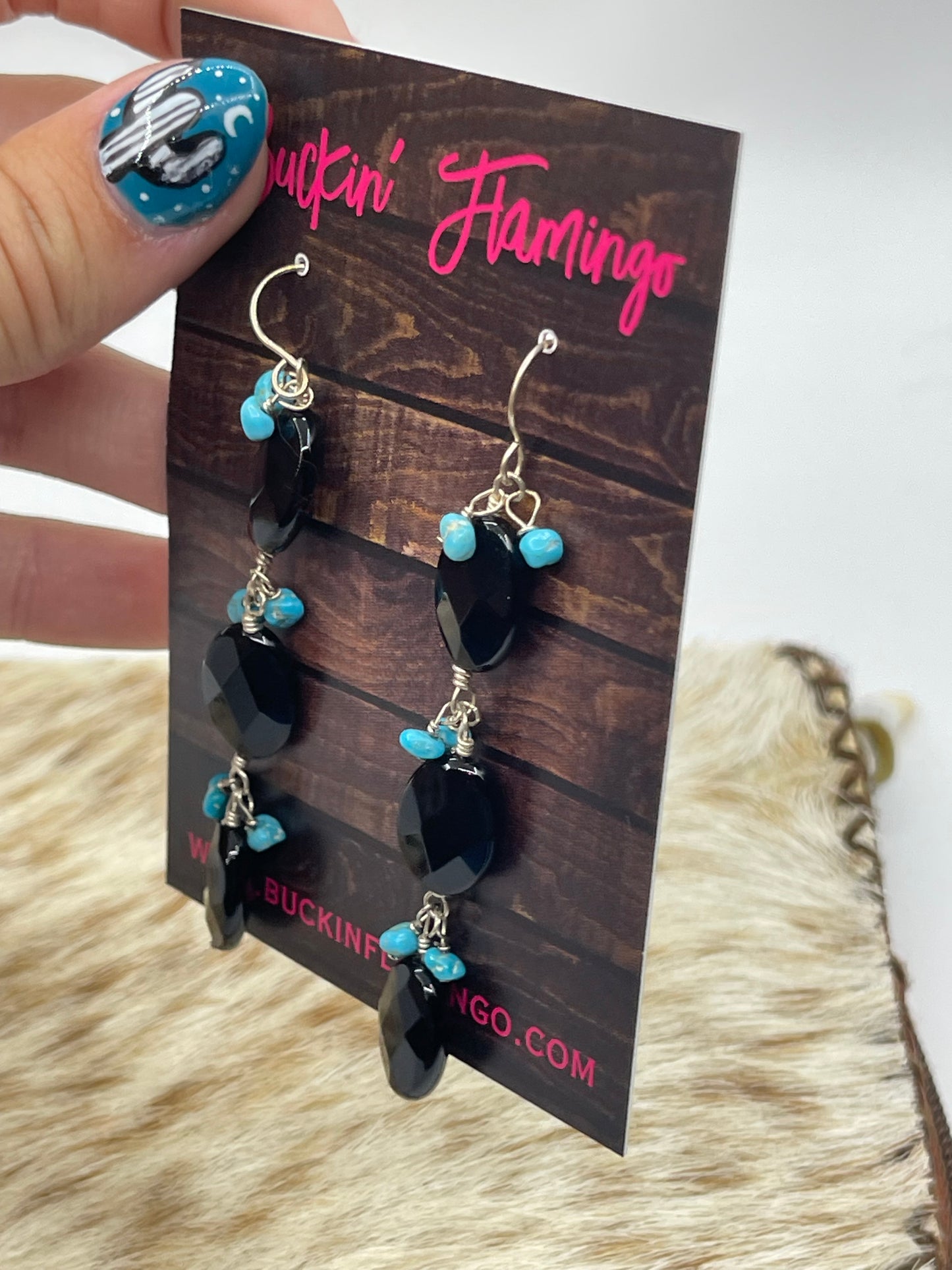 Black Onyx and Sleeping Beauty Turquoise Drop Dangle Earrings