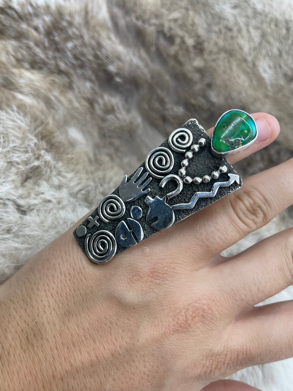 8.0 Royston Turquoise “Grandmother” Petroglyph Ring by Alex Sanchez, Navajo