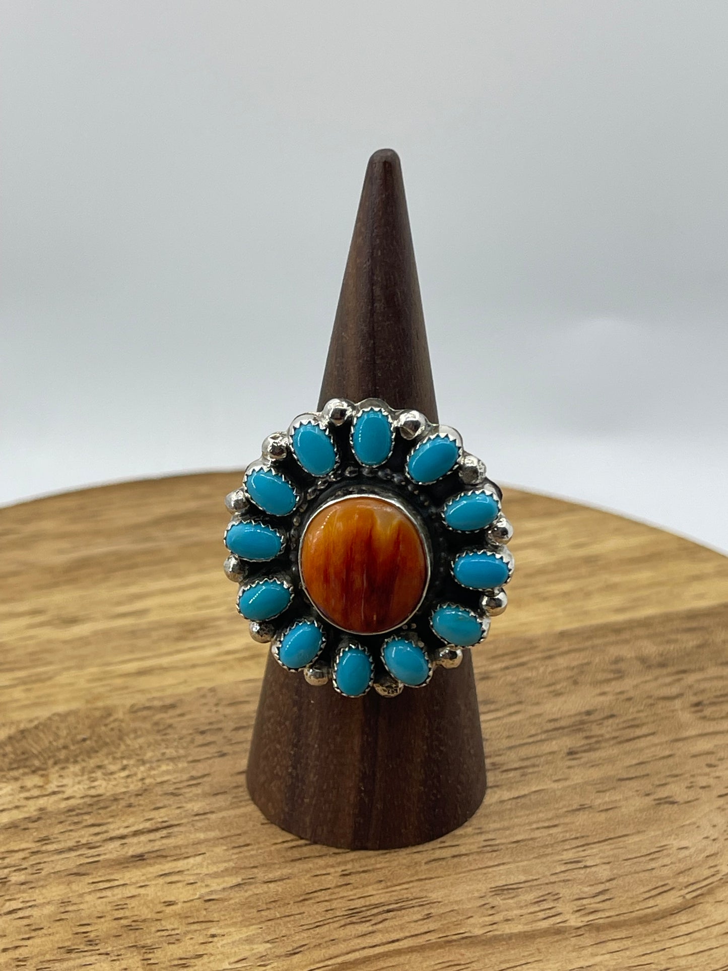 Adjustable Turquoise and Orange Spiny Cluster Ring