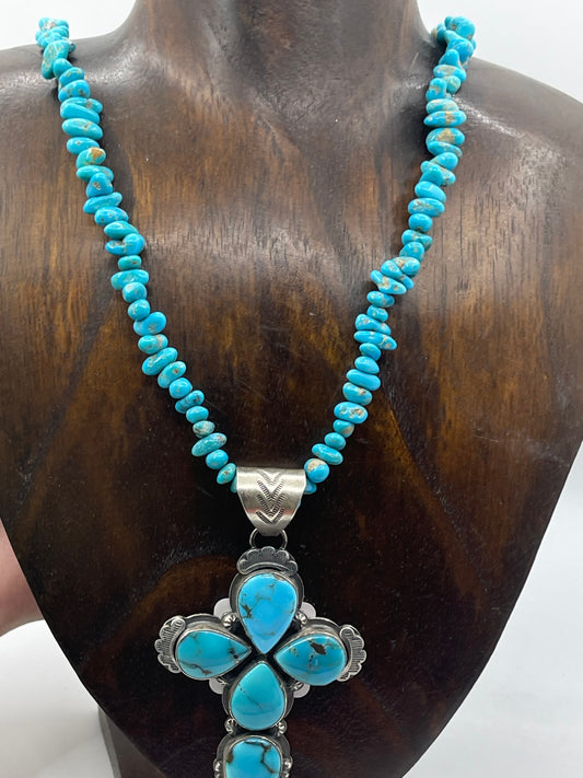 Turquoise Mountain Cross Pendant with 30" Turquoise Nuggets by Gilbert Platero, Navajo