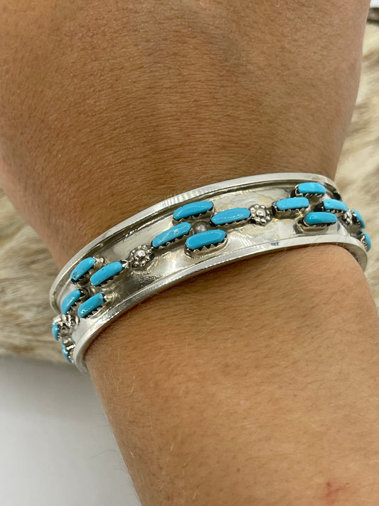 6 1/2" 20 Stone Turquoise Cuff by Vangie Tsabetsaye, Zuni