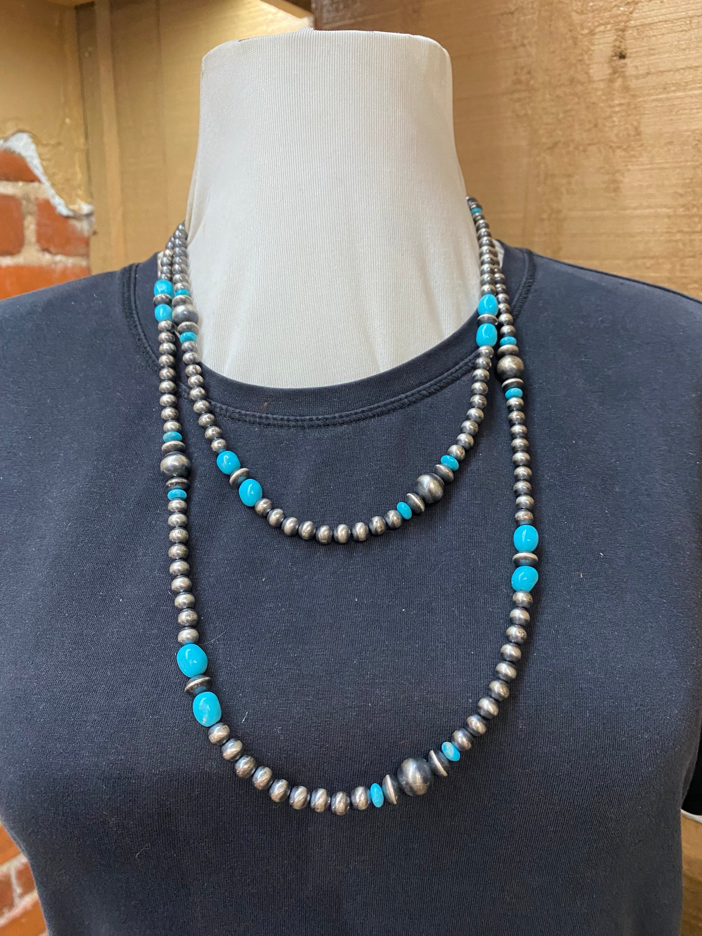 50" Navajo Pearl, Navajo Saucer, and Sleeping Beauty Turquoise Bead Necklace