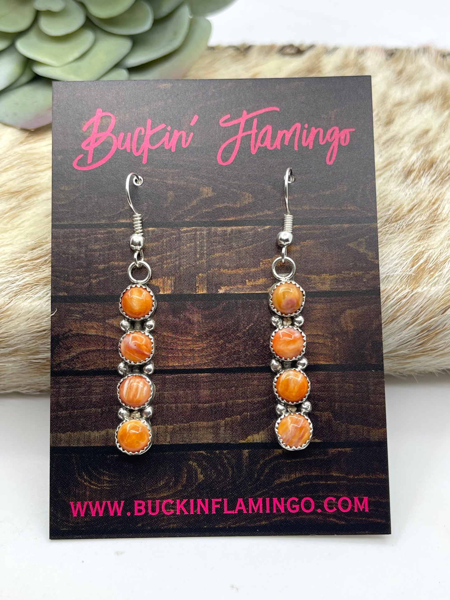 4 Stone Orange Spiny Oyster Shell Dangle Earrings by Maxine Ramirez, Navajo